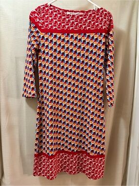 Max Studio Geometric Print Shift Dress Red Orange Blue 3/4 Sleeve Size Small